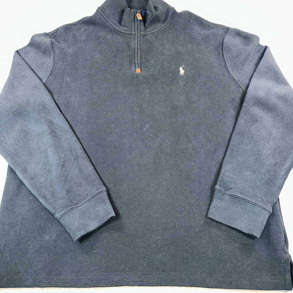 Polo Ralph Lauren Mens XL Black Quarter Zip Pullover Ribbed Cotton Sweater Logo